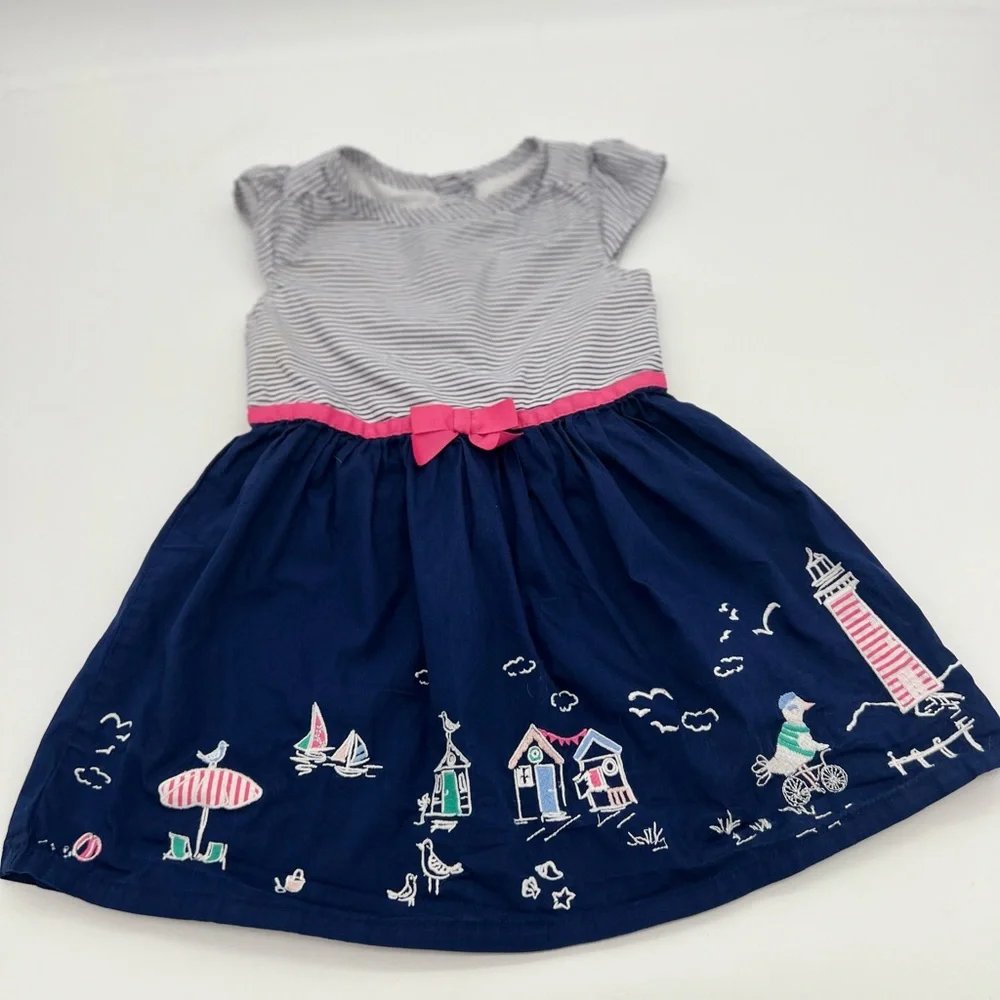 Gymboree Girls Navy Blue Striped Pink Bow Dress 3T